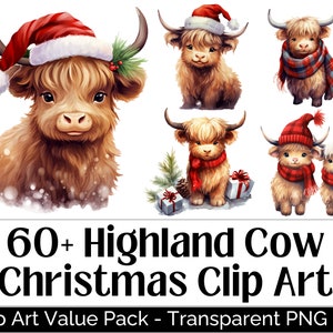 Paquete de imágenes prediseñadas de vaca de las Highlands • 60 diseños PNG de vaca de las Highlands con temática navideña para sublimación • Descarga de arte de impresión de vaca de las Highlands lindo y caprichoso