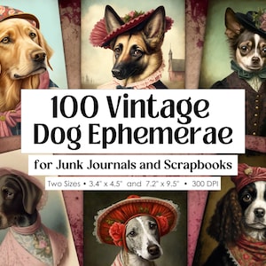 Éphémères de chien • 100 portraits de chiens vintage en costumes • Images de chien imprimables numériques pour collage de scrapbooking et techniques mixtes