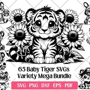 Joli bébé tigre SVG Bundle, fichiers de découpe, art vectoriel, PNG, DXF Eps Pdf, fichiers de gravure laser · Tigre Clipart tigresse bébé animal Svg