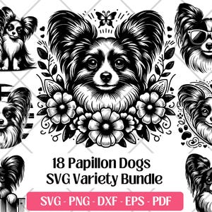 Paquete de archivos SVG de Papillon, vector, PNG, DXF, Eps, PDF para corte y grabado láser, impresión por sublimación de cachorro de perro lindo de Papillon