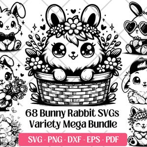 Niedliches Kaninchen SVG-Bundle, Vektor, PNG, DXF Eps Pdf, Lasergravur Schneidedateien · Blumen Häschen Silhouette Waldtier Clipart