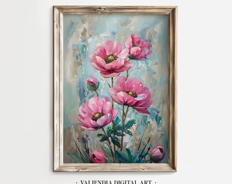 Mohnblumen Wandbild, Stimmungsvolle Blumenmalerei, rosa Mohnblumen Druck • Frühlingsblumen Druck Poster • Cottagecore Bauernhaus Dekor Download