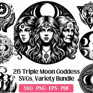 Puede incluir: Paquete de arte digital en blanco y negro con 26 SVG de la Triple Diosa de la Luna. Los diseños incluyen ilustraciones de la luna, manos y figuras femeninas. El paquete incluye formatos de archivo SVG, PNG, EPS y PDF.