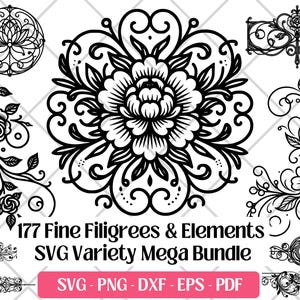 Filigree and Decorative Element SVG Bundle · PNG DXF Eps Pdf Cutting Laser Engraving Files, Art Noveau Swirl Flourish Scroll Divider Clipart