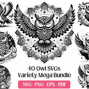May include: A collection of black and white owl designs in various poses, including owls with open wings, perched on branches, and reading books. The image includes the text "40 Owl SVGs Variety Mega Bundle" with file type options.