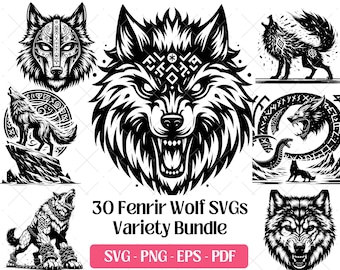 Pacchetto SVG del lupo Fenrir · Clipart vichinga della mitologia norrena in formato PNG · Cricut