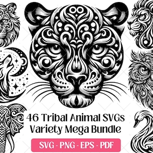 May include: A collection of black and white tribal animal designs, including a tiger, lion, wolf, owl, elephant, swan, and a jaguar. The designs are intricate and detailed, with swirling patterns. Text reads "46 Tribal Animal SVGs Variety Mega Bundle" with file type options.