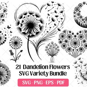 Löwenzahn-Blume-SVG-Bundle, Schneiden Laser-Gravur-Dateien, PNG Eps · Blasen dekorative Blumen wilde Blume Silhouette Clipart svg