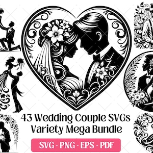Bruidspaar SVG bundel bruid en bruidegom snijden lasergravure bestanden Vector PNG, huwelijk getrouwd stel heer en mevrouw clipart SVG silhouet