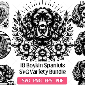 May include: A black and white SVG variety bundle featuring 18 Boykin Spaniel dog illustrations. The designs include portraits with floral accents, sunglasses, bows, and patriotic themes. The bundle includes SVG, PNG, EPS, and PDF formats.