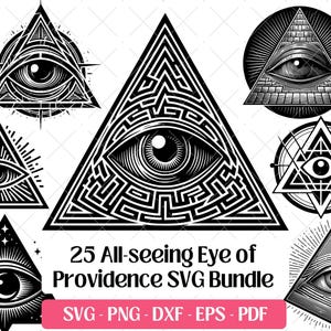 Può includere: Una collezione di illustrazioni in bianco e nero con l'occhio onniveggente all'interno di triangoli e cerchi. I disegni includono motivi intricati e forme geometriche. Il testo recita "25 All-seeing Eye of Providence SVG Bundle".