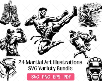 May include: Black and white illustrations of martial arts figures in action, including a high kick, boxing, and sparring. The image also features boxing gloves and a head guard. Text reads "24 Martial Art Illustrations SVG Variety Bundle."