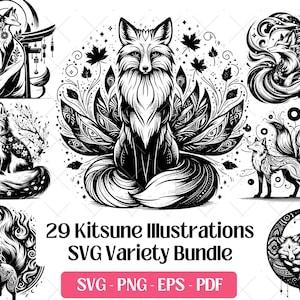 Puede incluir: Un conjunto de 29 ilustraciones de Kitsune en blanco y negro, en formato SVG. Las imágenes presentan diseños detallados de zorros con elementos florales y celestiales. El paquete incluye formatos SVG, PNG, EPS y PDF para diversos usos.