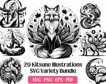 Kitsune SVG-paket japansk räv ande skärning lasergravering clipart png Cricut-filer digitala