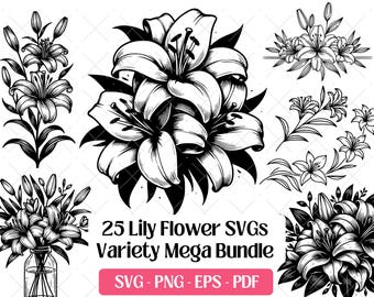 Paquete de archivos SVG de flores de lirio · Imágenes prediseñadas florales botánicas PNG · Cricut