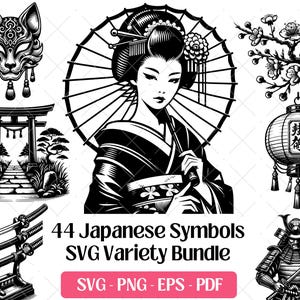 Japońskie symbole kulturowe SVG Bundle, pliki do grawerowania laserowego, grafika wektorowa PNG Eps Pdf, Japonia Symbole Projekt Sylwetka Clipart Svg