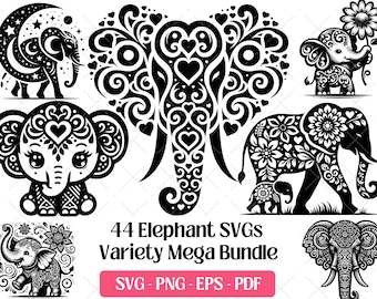 Pacchetto SVG di elefanti · ClipArt PNG di animali selvatici, cuccioli e adulti · Cricut