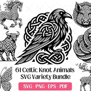 Può includere: Un pacchetto di arte digitale in bianco e nero con disegni di animali a nodo celtico. Include un cavallo, un toro, un corvo, un cinghiale, un serpente, una farfalla e un cervo. Il testo recita "61 Celtic Knot Animals SVG Variety Bundle".