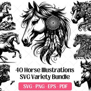 Pferd SVG-Bundle, Schneide- und Lasergravur-Dateien, Vektor Art PNG Eps Pdf, Pferdeliebhaber Reiter Pferdegesicht Kopf Clipart Silhouette