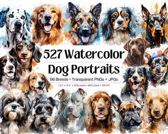 Watercolor Dog Portraits PNG Bundle · Ink Splash 96 Breeds Sublimation