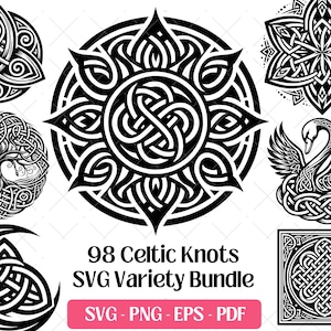 Pacchetto SVG nodo celtico, file di incisione laser per taglio vettoriale PNG EPS PDF, nodi celtici, silhouette di design irlandese con croce celtica Clipart SVG