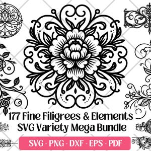 Puede incluir: Una colección de diseños de filigrana negros, que incluyen elementos florales y ornamentales. La imagen presenta una variedad de patrones intrincados, que incluyen flores, espirales y bordes decorativos. El texto dice "177 Fine Filigrees & Elements SVG Variety Mega Bundle".