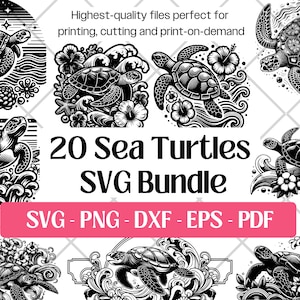 Zeeschildpad SVG-bestand bundel, Oceaanschildpad Vector Art Svg, PNG, DXF, Eps, Pdf, Floral Turtle Svg voor lasersnijden, knipsel, Svg sublimatie ontwerpen