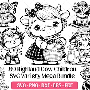 Pacote SVG de vaca fofa de bebê Highland, arte vetorial Svg, PNG DXF Eps Pdf Corte de arquivos de gravação a laser • Cabeça de vaca de novilha das terras altas floral Svg