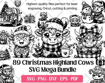 Paquete de archivos SVG de vaca de las Tierras Altas navideñas · Imágenes prediseñadas PNG de animales de granja de invierno