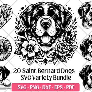 Pacote SVG de São Bernardo, Vetor, PNG, DXF, Eps, Arquivos de Corte e Gravação a Laser em PDF, Impressão de Sublimação de Filhote de Cachorro Bonito de São Bernardo