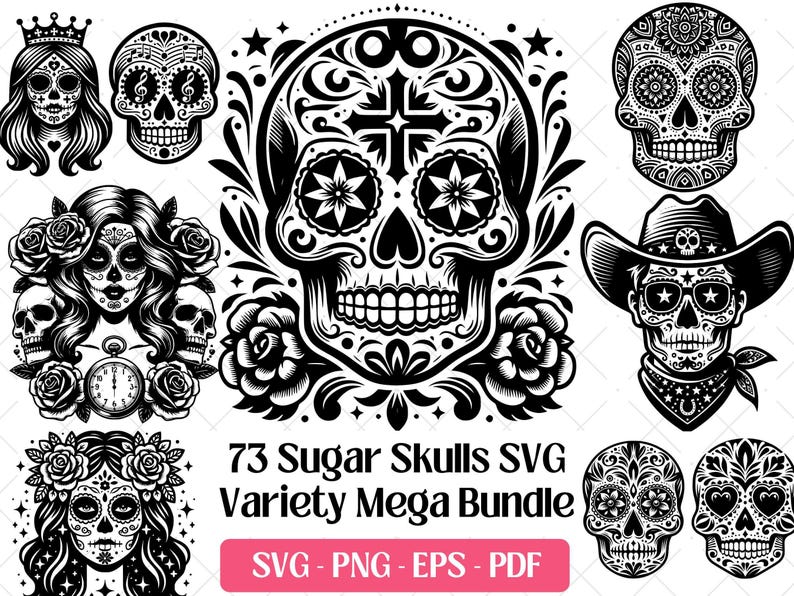 Sugar Skull SVG Bundle · Day of the Dead Mexican Clipart PNG · Cricut image 1