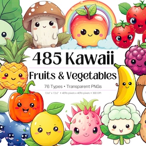 Kawaii Fruits and Vegetables, 485 Cute Kawaii Sticker Images • Kawaii Clipart Sublimation Printable and T-shirt Designs • Kawaii PNG Prints