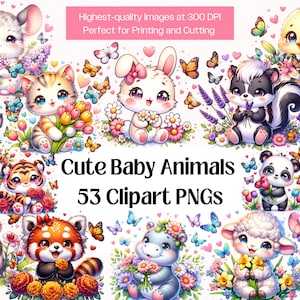Paquete de imágenes prediseñadas de animales bebés, 53 imágenes PNG de animales bebés lindos en acuarela • Animales y flores bebés kawaii de safari, bosque y granja, arte de decoración de guardería