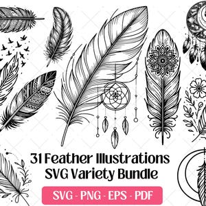 Pacchetto SVG di piume, file di incisione laser tribale Boho, file vettoriali PNG EPS, silhouette di piume di uccelli nativi americani, design clipart