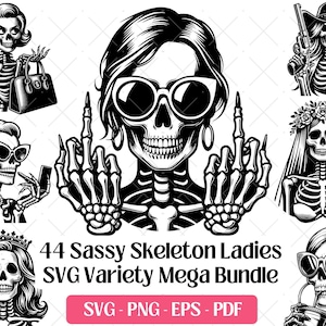 Puede incluir: Un paquete de arte digital en blanco y negro con damas esqueléticas estilizadas en varias poses. Un esqueleto lleva gafas de sol y gesticula con el dedo medio levantado. Otros esqueletos se representan con accesorios como bolsos, sombreros y coronas.