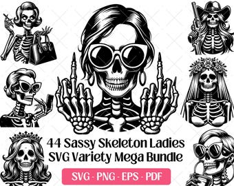 Sassy Skeleton Ladies SVG Bundle · Gothic Clipart PNG · Cricut Files