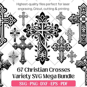 Puede incluir: Una colección de 67 diseños de cruces cristianas en blanco y negro. Las cruces varían en estilo, desde ornamentadas hasta simples. La imagen incluye el texto "Highest-quality files perfect for laser engraving, Cricut, cutting & printing" y "67 Christian Crosses Variety SVG Mega Bundle".