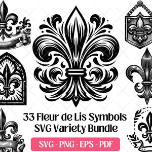 May include: A collection of black and white fleur-de-lis symbols in various designs. The image includes a banner with the text "33 Fleur de Lis Symbols SVG Variety Bundle" and file type options. The designs include ornate and stylized versions.
