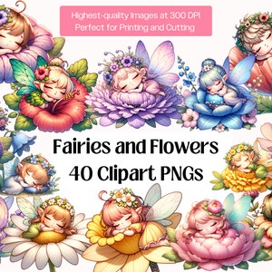 Blumen Fee Clipart Bundle, 40 niedliche schlafende Fee PNG Grafiken • Aquarell Frühlingswald Blumenfee magische Cliparts, Kinderzimmer-Print-Datei