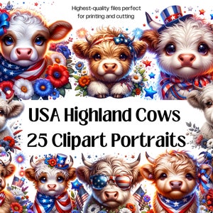 Highland Cow PNG USA, 4th of July Independence Day Clipart,Western Country America Baby Farm Animal Highland Cow Flower Patriotic Watercolor