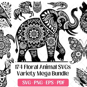 Paquete SVG de animales florales, archivos de corte y grabado láser, vectores PNG, EPS y PDF, siluetas de animales salvajes con flores, imágenes prediseñadas en formato SVG para imprimir.