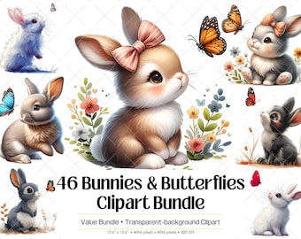 Bunny Butterfly PNG Bundle · Watercolor Rabbit Spring Floral Clipart