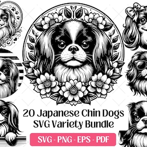 Puede incluir: Una colección de 20 ilustraciones en blanco y negro de perros Chin japoneses. Las imágenes incluyen varios retratos de la raza, algunos con detalles florales, gafas de sol y lazos. También está presente el texto "20 Japanese Chin Dogs SVG Variety Bundle".