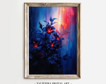 Stampa artistica da parete con fiori astratti, arte da parete con gigli viola bioluminescenti, poster con stampa di fiori primaverili, decorazione botanica astratta di Dark Academia