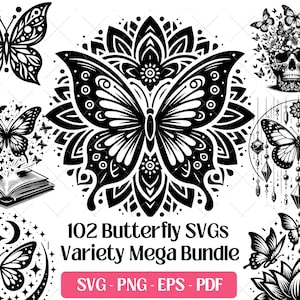 Bundle SVG papillon, coupe des fichiers de gravure laser Vector Art PNG Eps Pdf, Floral papillon monarque Clipart Design Silhouette Cricut Svg