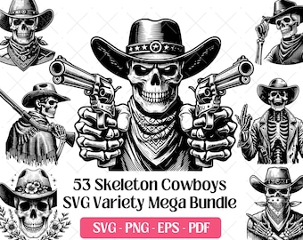 Pakiet SVG Skeleton Cowboy · Clipart czaszki Western Outlaw PNG · Cricut