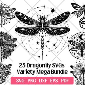 Paquete SVG de libélula, imágenes prediseñadas, archivos de corte, vectores, siluetas, PNG, DXF, Eps y PDF, archivos de grabado láser · Diseño artístico de libélulas florales