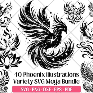 Phoenix SVG-paket · Mytologisk eldfågel som stiger Clipart PNG PDF · Cricut laserskuren silhuett