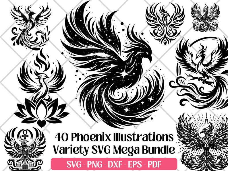 Paquete de archivos SVG de Phoenix · Imágenes prediseñadas PNG del ave de fuego mitológica · Archivos para Cricut imagen 1