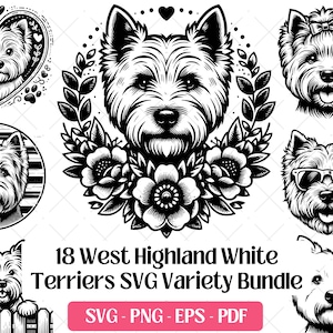 West Highland White Terrier SVG Bundle Cutting Laser Engraving Files, Small Dog Clipart PNG Silhouette Design, Westie Vector Graphics